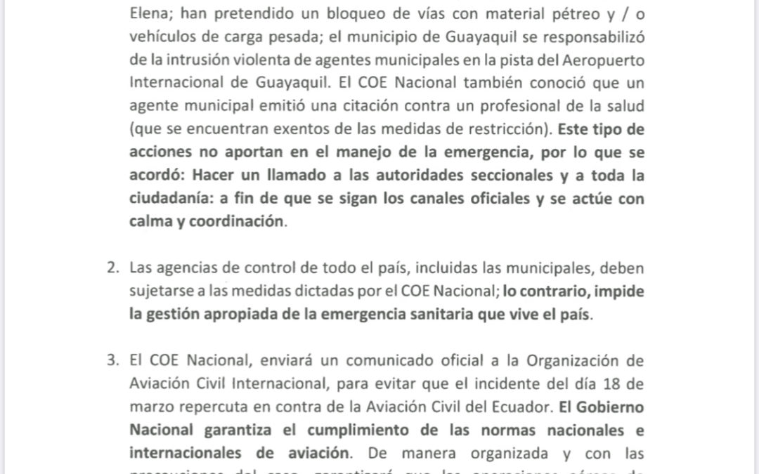 Resoluciones del COE Nacional al 19 de marzo frente a Covid-19